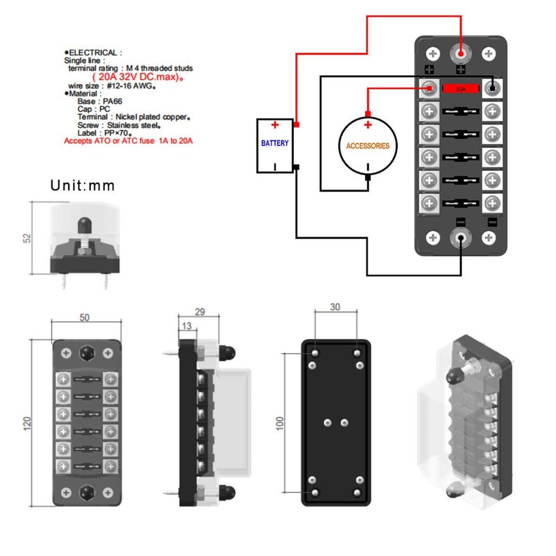 PSEQT Mini 6-Way Marine Blade Fuse Block with Negative Bus ATC/ATO Waterproof Automotive Fuse Box Standard Circuit Holder Panel for Boat Yacht Vehicle Auto RV Car Trailer Truck SUV - Image 3